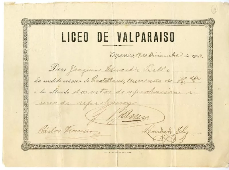 [Diploma] 1900 diciembre 19, Valparaíso, [Chile] [a] Joaquín Edwards Bello  [manuscrito] Liceo de Valparaíso.