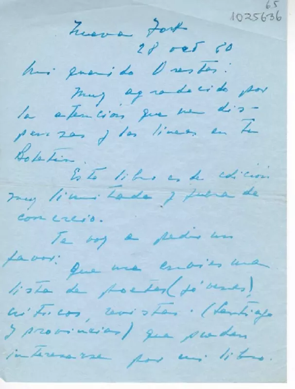 [Carta] 1980 octubre 28, New York [a] Oreste Plath  [manuscrito] Humberto Díaz Casanueva.