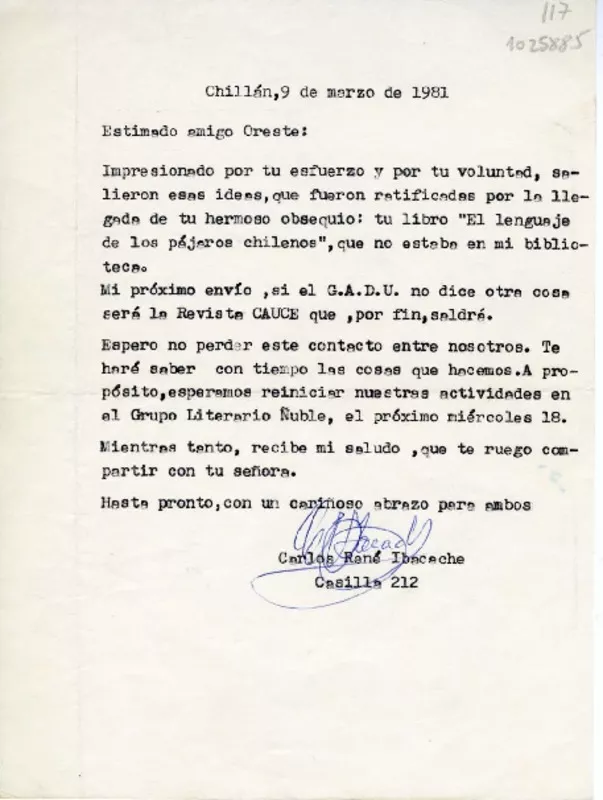[Carta] 1981 marzo 9, Chillán, Chile [a] Oreste Plath, Santiago  [manuscrito] Carlos René Ibacache.