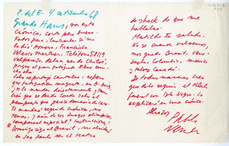 [Carta] 1968 septiembre 4, Punta del Este, Uruguay [a] Hans Ehrmann  [manuscrito] Pablo Neruda.