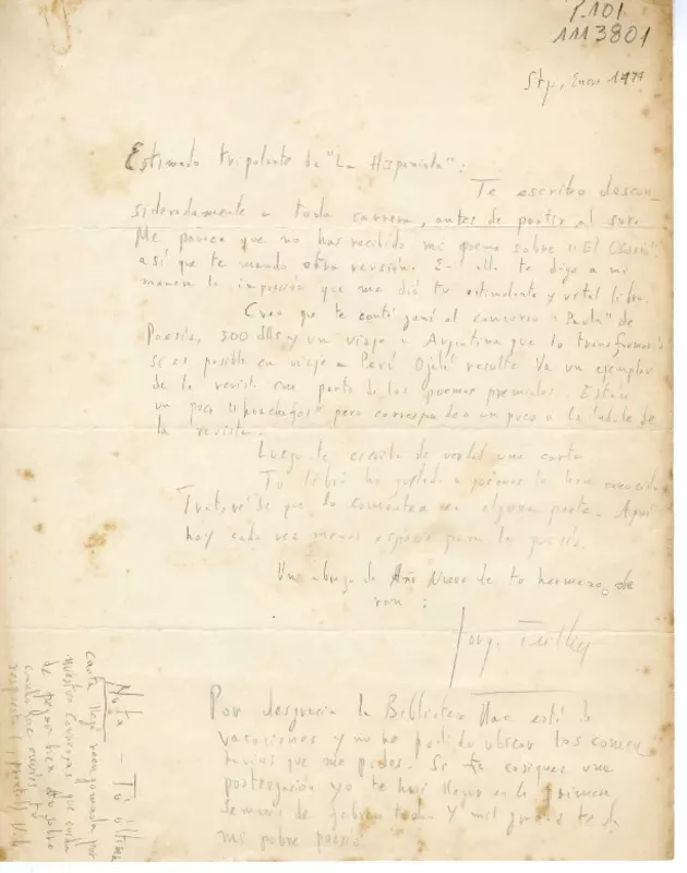 [Carta] 1977 enero, [Santiago, Chile] [al] Tripulante de la Hispaniola  [manuscrito] Jorge Teillier.