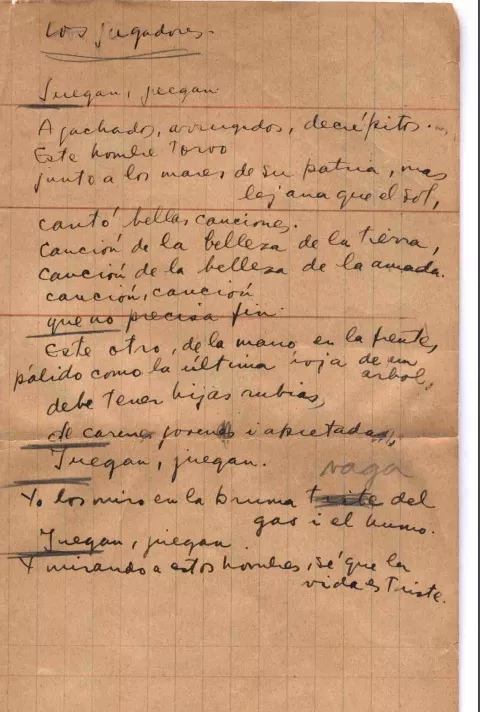 Los jugadores  [manuscrito] Pablo Neruda.