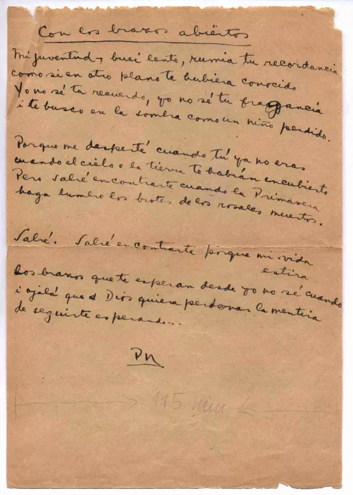 Con los brazos abiertos  [manuscrito] Pablo Neruda.
