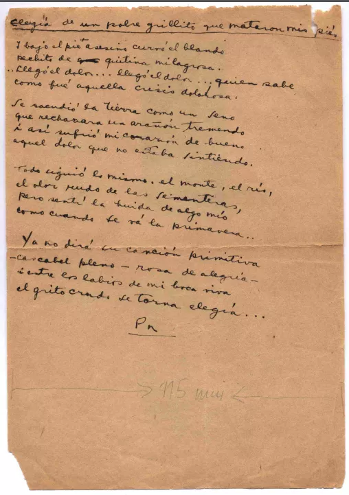 Elegía de un pobre grillito que mataron a mis pies  [manuscrito] Pablo Neruda.