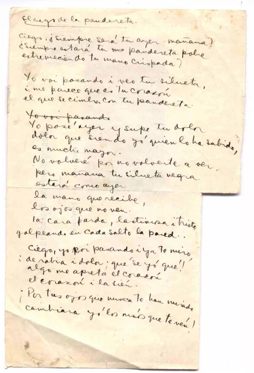 El ciego de la pandereta  [manuscrito] Pablo Neruda.