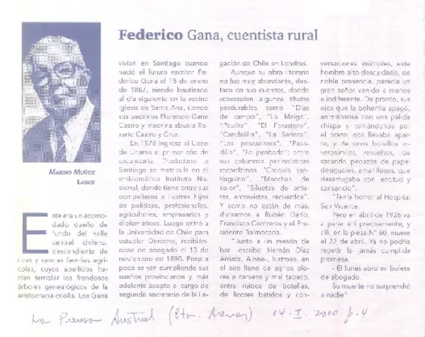 Federico Gana, cuentista rural  [artículo] Marino Muñoz Lagos.