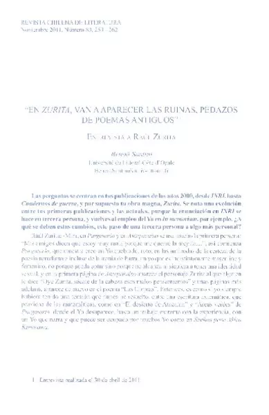 "El Zurita, van a aparecer las ruinas, pedazos de poemas antiguos" [entrevista] [artículo] : Banoit Santini.