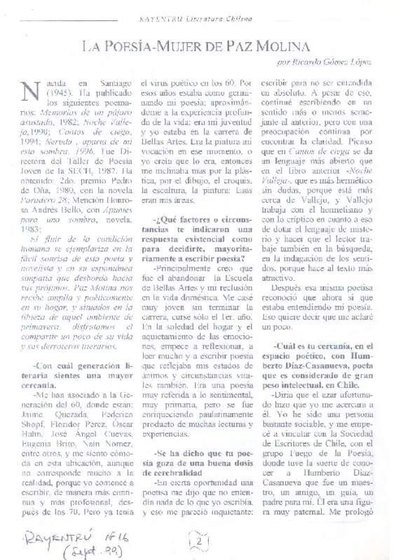 La poesía-mujer de Paz Molina  [artículo] Ricardo Gómez López