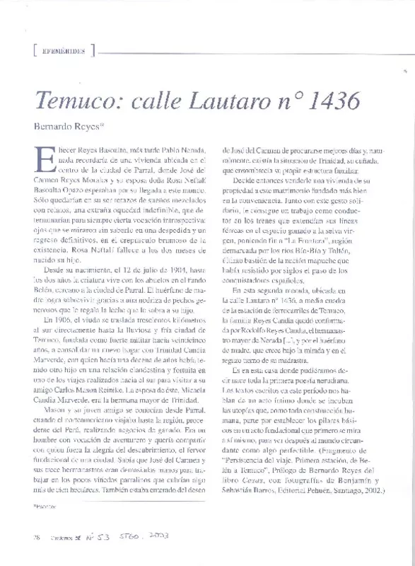 Temuco: calle Lautaro no. 1436  [artículo] Bernardo Reyes.