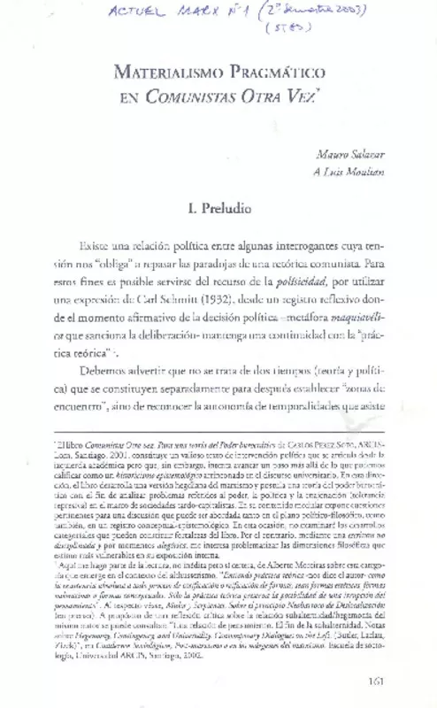 Materialismo pragmático en Comunistas otra vez  [artículo] Mauro Salazar <y> Luis Moulian.