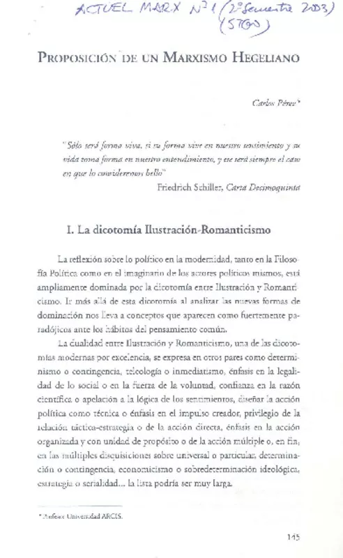 Proposición de un Marxismo Hegeliano  [artículo] Carlos Pérez.