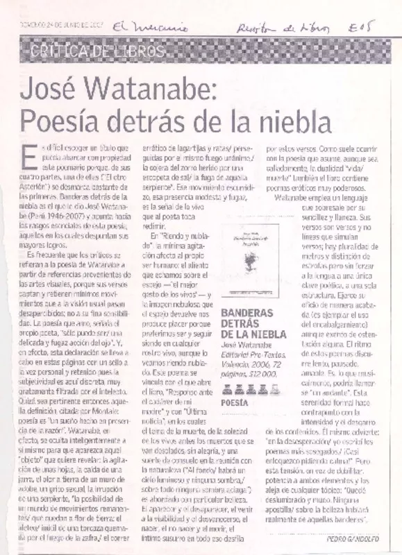 Poesía detrás de la niebla  [artículo] Pedro Gandolfo.