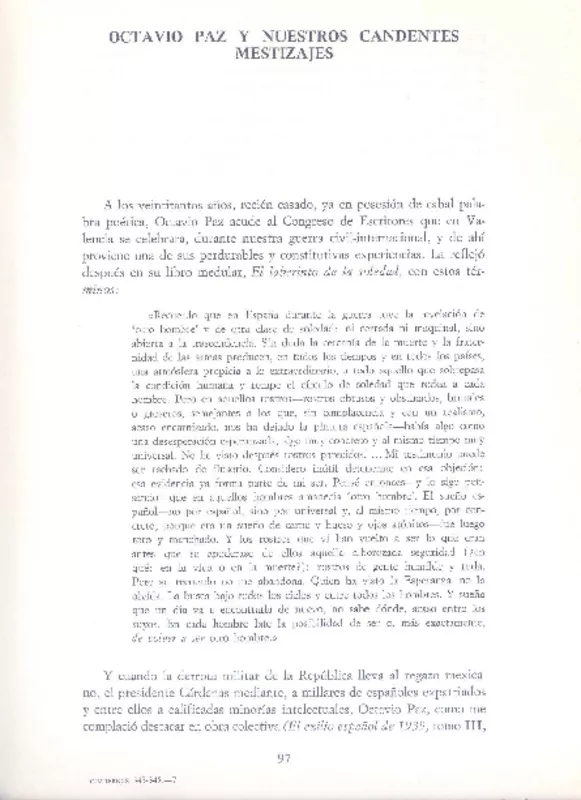 Octavio Paz y nuestros candentes mestizajes  [artículo] Manuel Andújar.