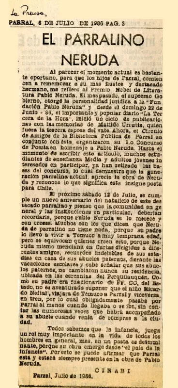 El parralino Neruda  [artículo] Cirabi.