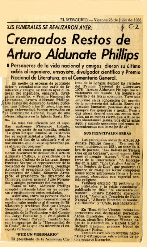 Cremados restos de Arturo Aldunate Philips.  [artículo]