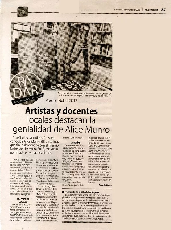 Artistas y docentes locales destacan la genialidad de Alice Munro  [artículo] Claudia Bravo