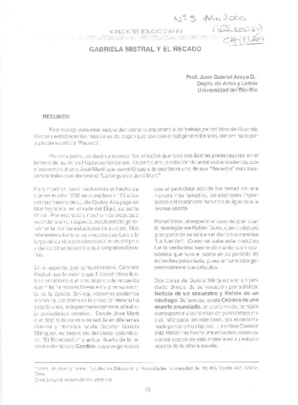 Gabriela Mistral y el recado  [artículo] Juan Gabriel Araya