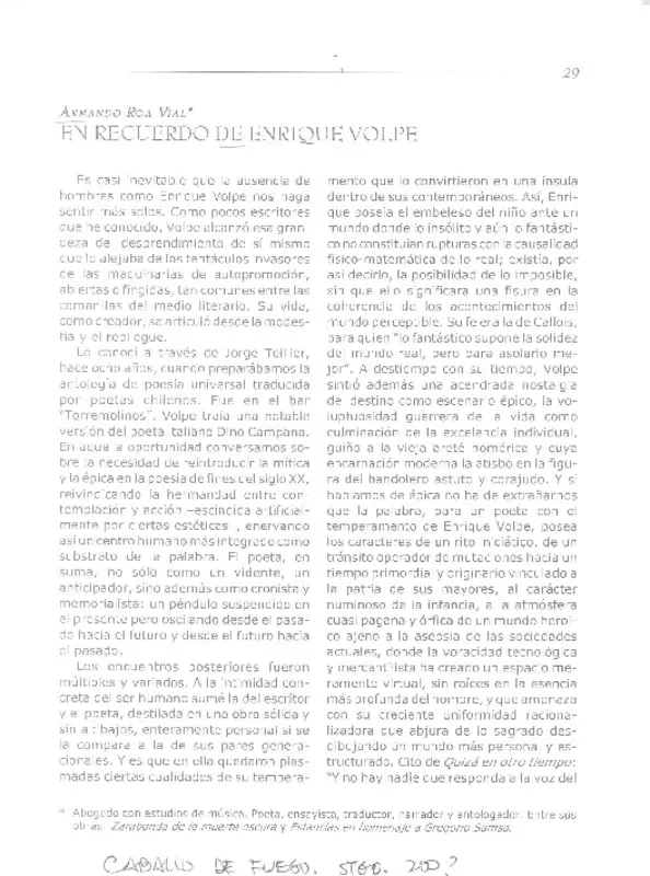 En recuerdo de Enrique Volpe  [artículo] Armando Roa Vidal.