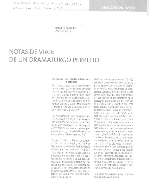 Notas de viaje de un dramaturgo perplejo  [artículo] Marcelo Sánchez.