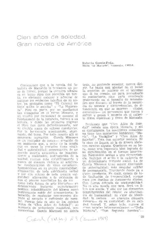 Cien años de soledad, gran novela de América  [artículo] Roberto García-Peña.