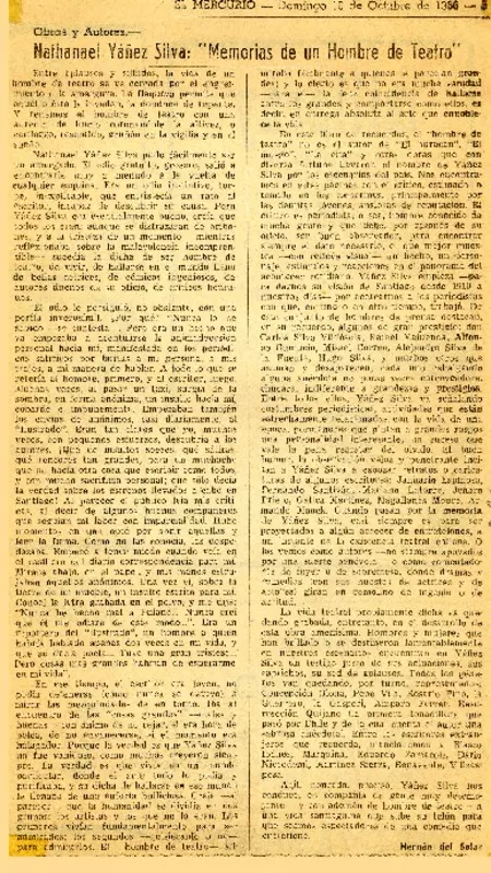 Nathanael Yáñez Silva: "Memorias de unhombre de teatro"  [artículo] Hernán del Solar.
