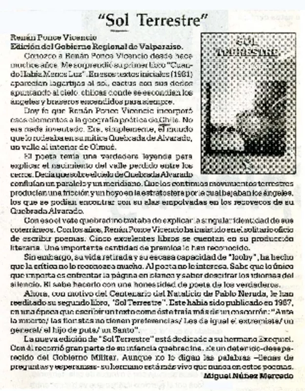 "Sol terrestre"  [artículo] Miguel Núñez Mercado.