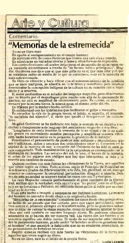 "Memorias de la estremecida"  [artículo] Lucía Lezaeta.