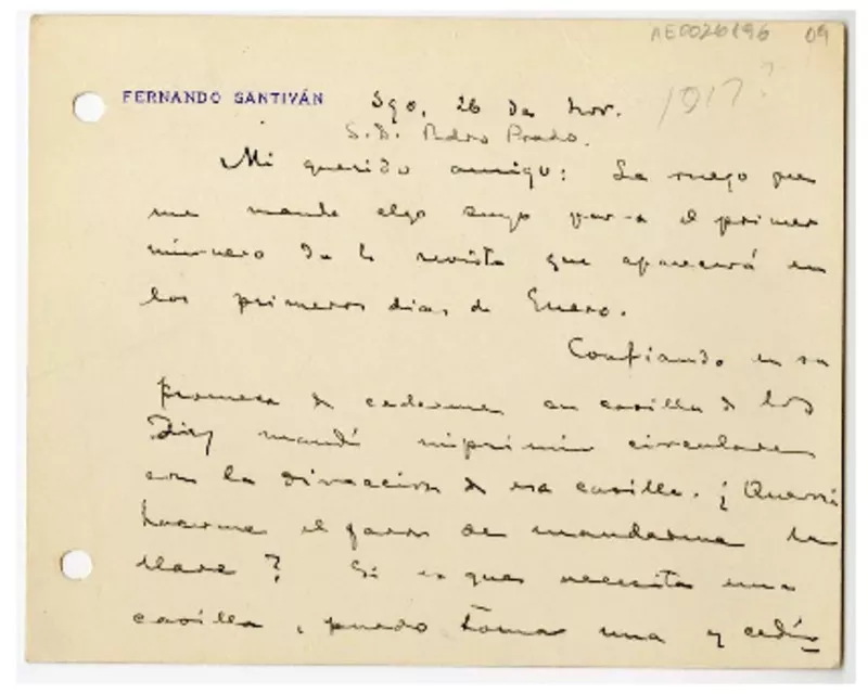 [Tarjeta] 1917 noviembre 26, Santiago, Chile [a] Pedro Prado  [manuscrito] Fernando Santivan.