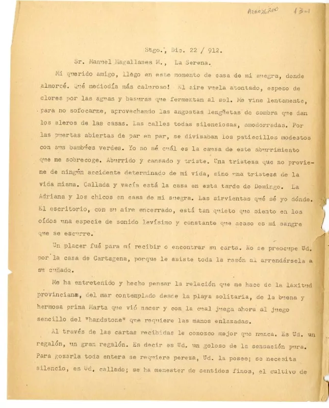 [Cartas] [entre 1915 y 1923], Santiago, Chile [a] Manuel Magallanes Moure  [manuscrito] Pedro Prado; transcripción de Raúl Silva Castro.