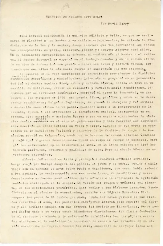 Tránsito de Alberto Ried Silva  [manuscrito] David Perry Barnes.