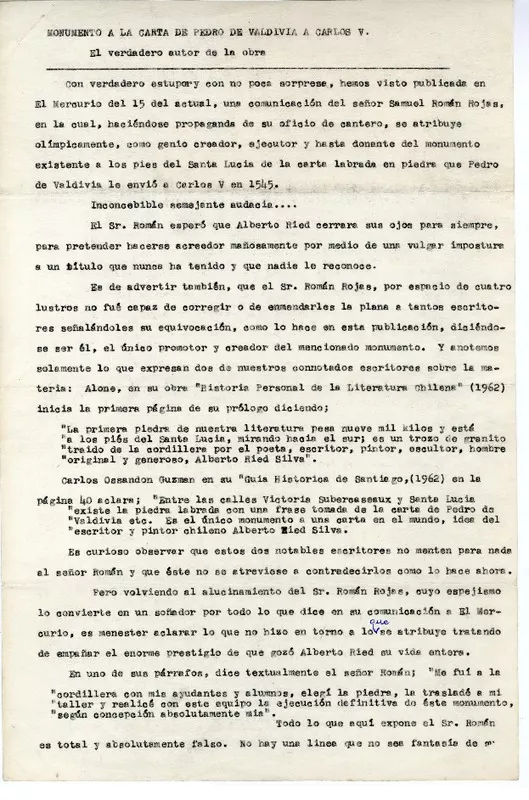Monumento de la carta de Pedro de Valdivía a Carlos V El verdadero autor de la obra [manuscrito] : Eduardo Pérez Covarrubias.