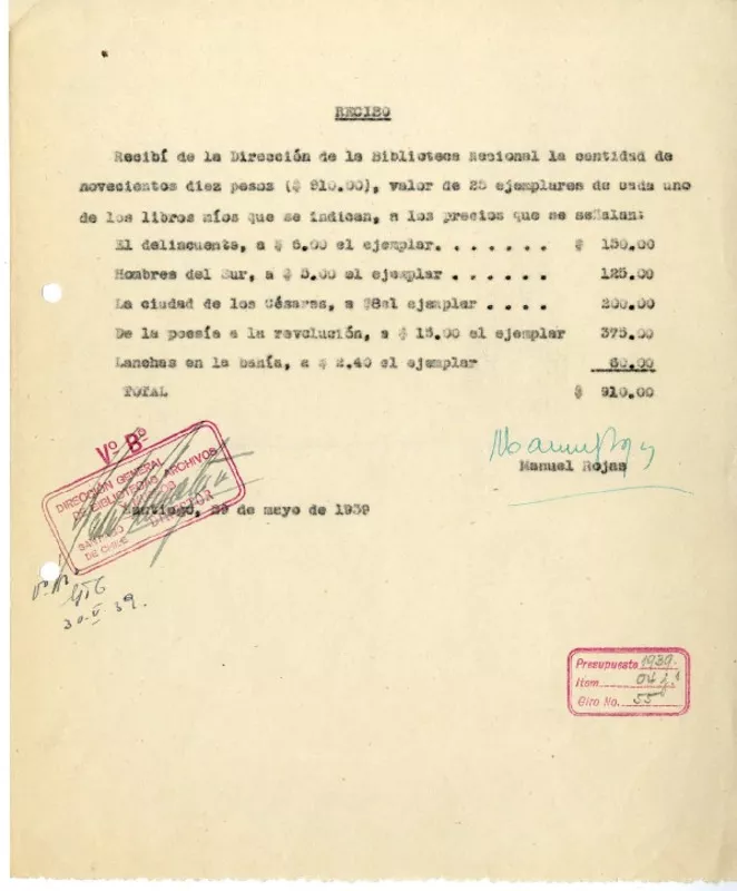[Recibo] 1939 mayo 30, Santiago, Chile [a] Biblioteca Nacional de Chile  [manuscrito] Manuel Rojas.