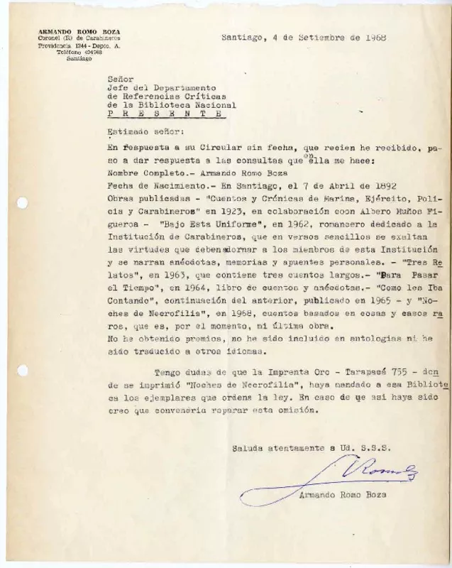 [Carta] 1968 septiembre 4, Santiago, Chile [a] Biblioteca Nacional de Chile  [manuscrito] Armando Romo Boza.