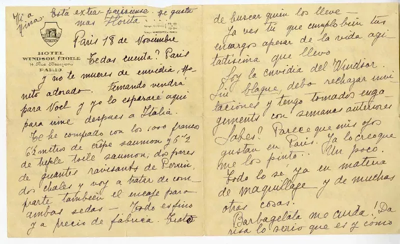 [Carta] 1926 noviembre 18, París, Francia [a una amiga "Monito"]  [manuscrito] Elvira Santa Cruz Ossa (Roxane).