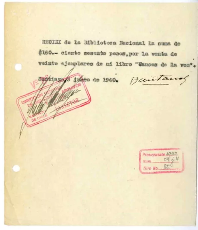 [Recibo] 1940 junio 3, Santiago, Chile [a] Biblioteca Nacional de Chile  [manuscrito] Francisco Santana.