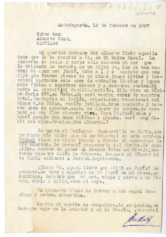 [Carta] 1957 febrero 19, Antofagasta, Chile [a] Alberto Ried, Santiago, Chile  [manuscrito] Andrés Sabella.