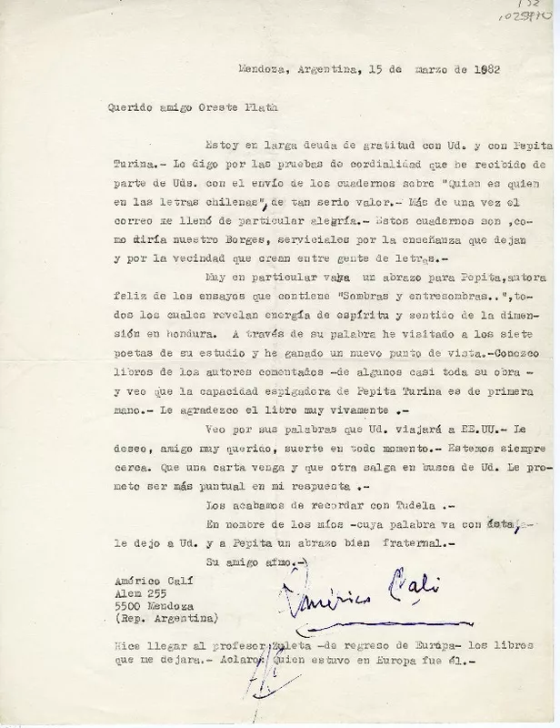 [Carta] 1982 marzo 15, Mendoza, Argentina [a] Oreste Plath, Santiago de Chile  [manuscrito] Américo Calí.