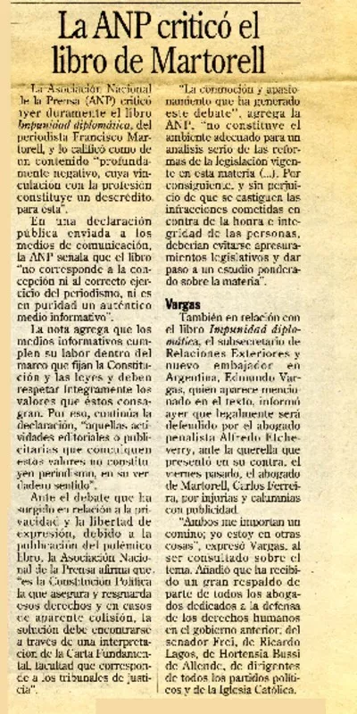 La ANP criticó el libro de Martorell.  [artículo]