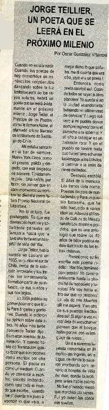 Jorge Teillier, un poeta que se leerá en el próximo milenio  [artículo] Oscar González Villarroel.