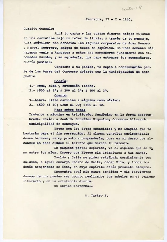 Rancagüa, Chile [a] Gonzalo Drago [manuscrito] Oscar Castro.