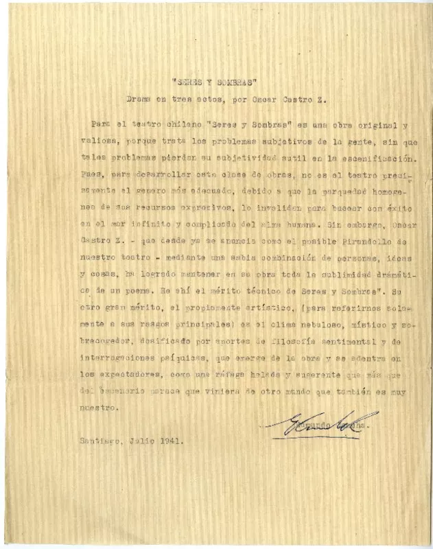 Seres y sombras : drama en tres actos por Óscar Castro Z. : [manuscrito] [comentario de ] Edmundo Concha.