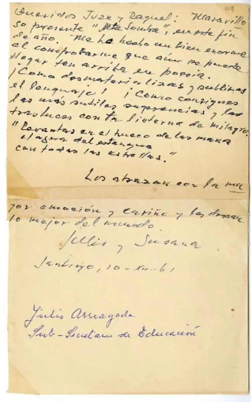 [Carta] 1961 diciembre 10, Santiago, Chile [a] Juan Guzmán Cruchaga  [manuscrito] Julio Fernando Arriagada Augier.