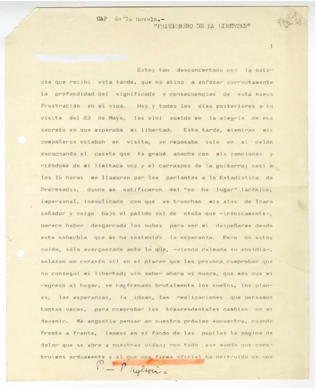 Capítulo de la novela "Prisionero de la libertad"  [manuscrito] Gabriel Egaña.