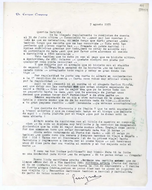 [Carta] 1956 agosto 7, [Italia] [a] Querida Matilde  [manuscrito] Enrique Company.