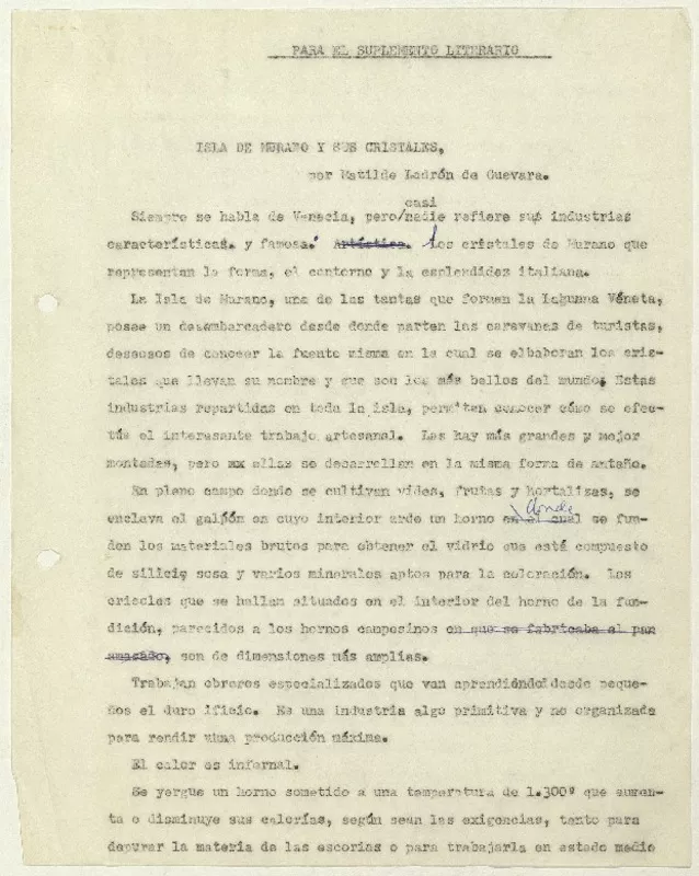 Isla de Murano y sus cristales  [manuscrito] Matilde Ladrón de Guevara.