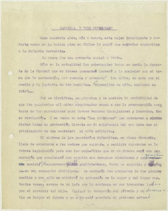 Gabriela y sus criaturas  [manuscrito] Matilde Ladrón de Guevara.