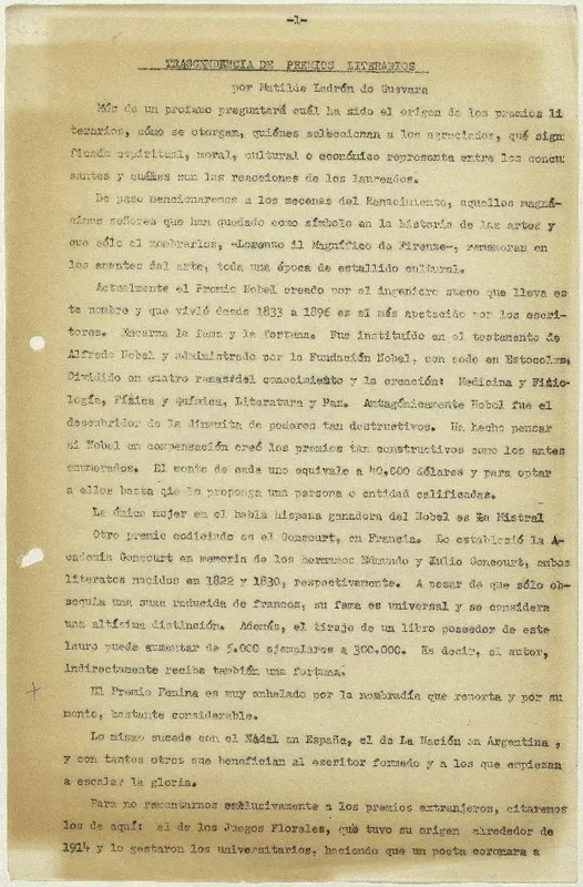 Trascendencia de premios literarios  [manuscrito] Matilde Ladrón de Guevara.