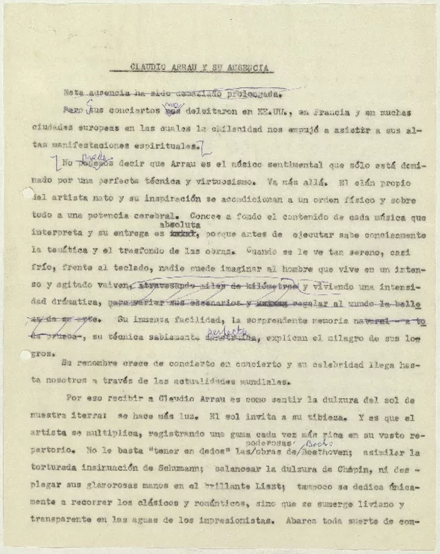 Claudio Arrau y su ausencia  [manuscrito] Matilde Ladrón de Guevara.