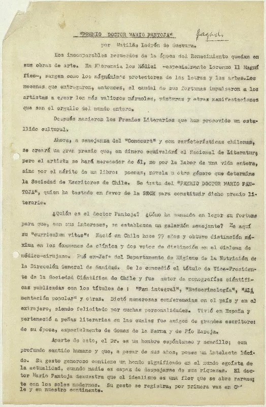 Premio doctor Mario Pantoja  [manuscrito] Matilde Ladrón de Guevara.