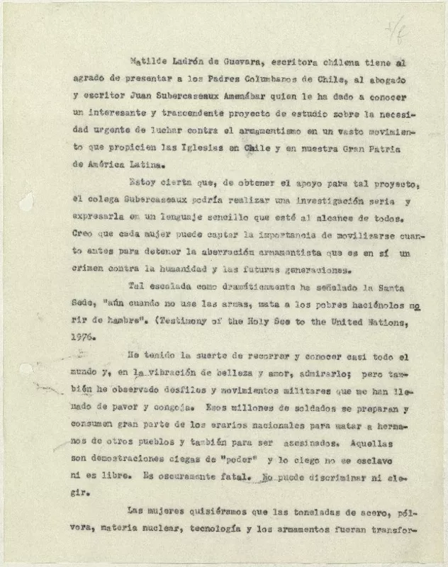 [Presentación de Juan Subercaseaux Amenábar]  [manuscrito] Matilde Ladrón de Guevara.